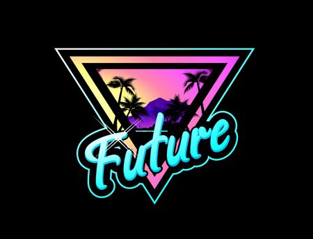heavenly place in bright neon tones on a black background, Hawaiian landscape on the background of the sun, the road going deep on a black backgroundのイラスト素材
