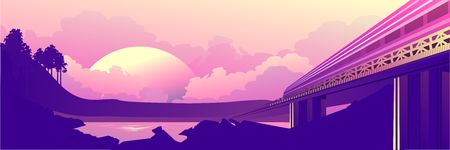 vector horizontal illustration, going at a speed train over a railway bridge, on the background of nature, cartoonのイラスト素材