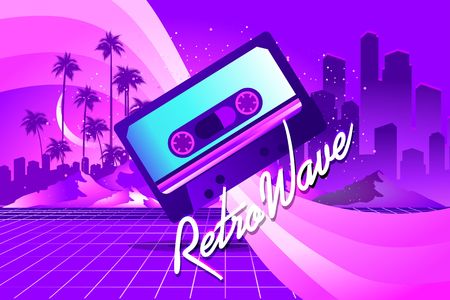 80s Retro Sci-Fi Background in the style of the 1980s posters. Old cassette tape, against the backdrop of a tropical landscape and the silhouette of a neon futuristic cityのイラスト素材