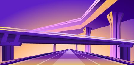 Vector horizontal image of an empty hearse city overpass viaduct bridge in orange purple colors.のイラスト素材