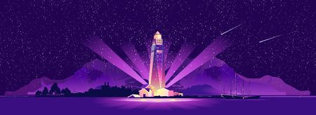 horizontal vector illustration, conceptual banner, night lighthouse beam points to dangerous areas, for safe navigation of passing shipsのイラスト素材