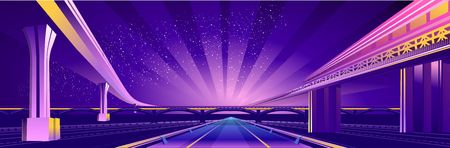 Vector horizontal illustration banner, city, panoramic urban landscape, in violet colors, isolated on white background.のイラスト素材