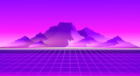 Retro sci-fi background sunset over the mountains with a computer error, retro waves in the style of the 1980s posters.のイラスト素材