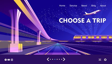 Vector conceptual background, traffic, panoramic view of the road stretching into the distance, bridge,with a train and a plane flying through the night sky , futuristic abstract landscape, conceptual bannerのイラスト素材