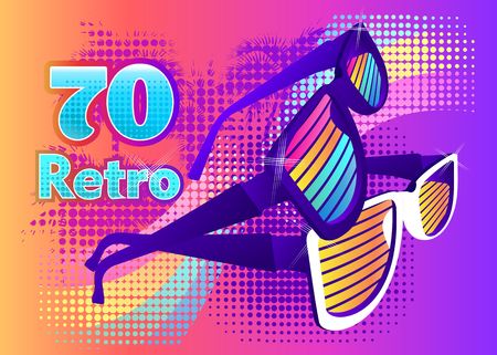 vector illustration sunglasses retro style on dark background, futuristic image, t-shirt printingのイラスト素材