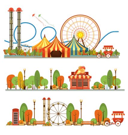 Set of vector design elements for carnival circus partk amusement rides isolated on white background, steam composition swings, cozy resting places with benches treesのイラスト素材