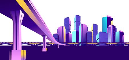 Vector horizontal illustration banner, city, panoramic urban landscape, in violet colors, isolated on white background.のイラスト素材