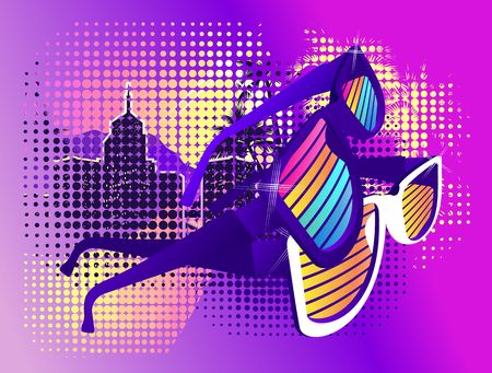 vector illustration sunglasses retro style on dark background, futuristic image, t-shirt printingのイラスト素材