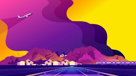 A tourist town in a picturesque coast, with bridges and a cable car, flies an airplane. Vector horizontal illustration.のイラスト素材
