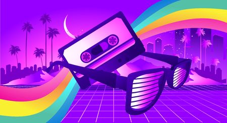 80s Retro Sci-Fi Background in the style of the 1980s posters. against the backdrop of a tropical landscape and the silhouette of a neon futuristic cityのイラスト素材