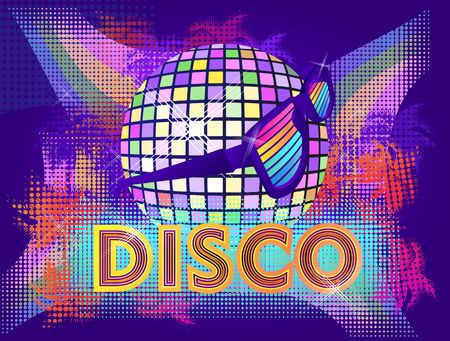Disco ball with rays and sparkles, Abstract retro background for dance parties and night music shows, vector horizontal illustration in violet-golden colors.のイラスト素材