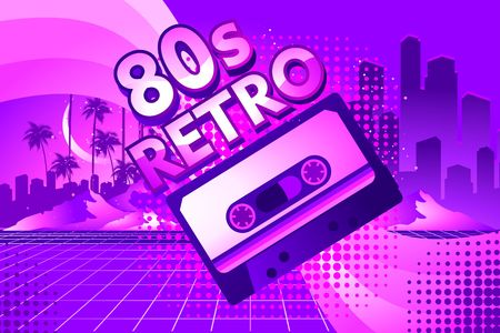 80s Retro Sci-Fi Background in the style of the 1980s posters. Old cassette tape, against the backdrop of a tropical landscape and the silhouette of a neon futuristic cityのイラスト素材