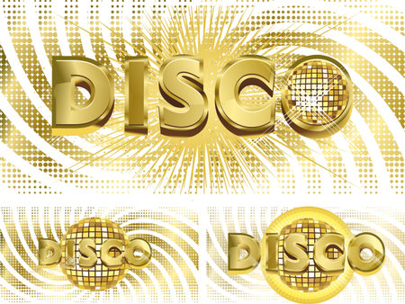 Set of vector badges gold disco letters, on rays and glittering stars, on white backgroundのイラスト素材
