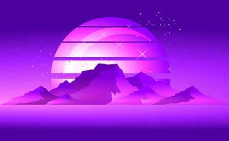 Retro sci-fi background sunset over the mountains with a computer error, retro waves in the style of the 1980s posters.のイラスト素材
