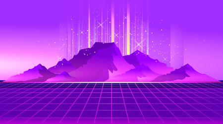 Retro sci-fi background sunset over the mountains with a computer error, retro waves in the style of the 1980s posters.のイラスト素材