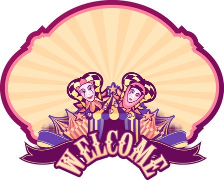 Vector horizontal template for posters, hats, festive performances, shows. Invitation to the holiday acrobats, circus artist, performer, clowns. Isolated badge on a white background.のイラスト素材