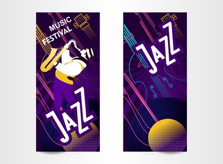 vertical ticket poster for music festival, jazz show, vector illustration, templates for two sides of concert invitation cards of neon illustrations isolatedのイラスト素材