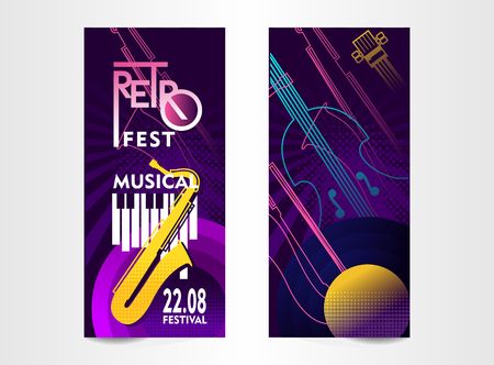 vertical ticket poster for music festival, jazz show, vector illustration, templates for two sides of concert invitation cards of neon illustrations isolatedのイラスト素材