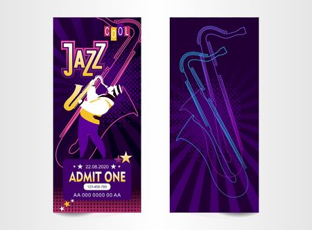 vertical ticket poster for music festival, jazz show, vector illustration, templates for two sides of concert invitation cards of neon illustrations isolatedのイラスト素材