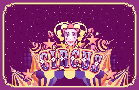 Vector template for poster, festive presentation, cabaret show, traveling tent. Invitation to the holiday acrobats, circus artist, performer, clowns. Vintage retro advertisingのイラスト素材