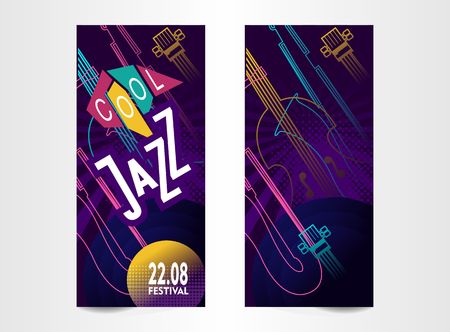 vertical ticket poster for music festival, jazz show, vector illustration, templates for two sides of concert invitation cards of neon illustrations isolatedのイラスト素材