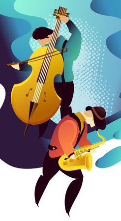 Classic music festival jazz rock concert, jazz gangs. Vertical vector banner illustration.のイラスト素材
