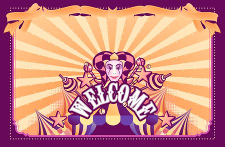 Vector template for poster, festive presentation, cabaret show, traveling tent. Invitation to the holiday acrobats, circus artist, performer, clowns. Vintage retro advertisingのイラスト素材