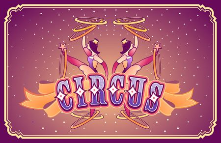 Vector template for poster, festive presentation, cabaret show, traveling tent. Invitation to the holiday acrobats, circus artist, performer, clowns. Vintage retro advertisingの写真素材