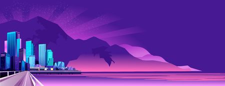 vector horizontal illustration of night city landscape on the seashore lit by lights and setting sun,のイラスト素材