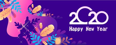 2020 calendar numbers, New Year greeting card, bright leaves tropical plants on a blue background, horizontal banner, vector illustrationのイラスト素材