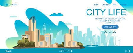 City landscape, modern buildings skyscrapers, smart city, horizontal banner, for the home page, vector illustrationのイラスト素材