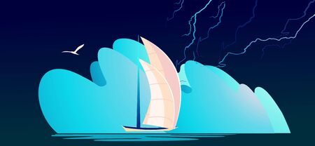 Bad weather at sea, huge abstract storm waves, lightning sparkles on the sky, small boat, horizontal vector illustrationのイラスト素材