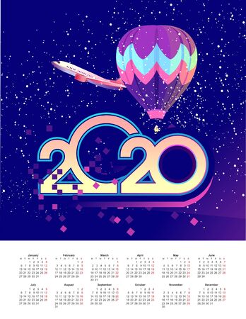 2020 calendar grid in English, night festive neon glowing city, vertical vector illustrationのイラスト素材
