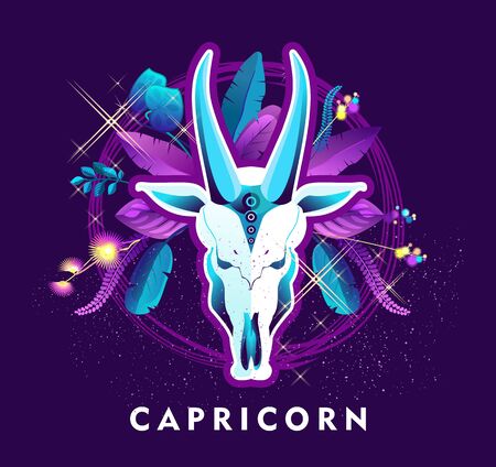 Vector illustration of magic horoscope sign Capricorn style of the 60s, bright hippie artのイラスト素材