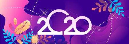2020 calendar numbers, New Year greeting card, bright leaves tropical plants on a blue background, horizontal banner, vector illustrationのイラスト素材