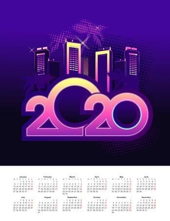 2020 calendar grid in English, night festive neon glowing city, vertical vector illustrationのイラスト素材