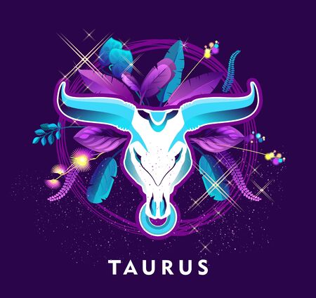 Vector illustration of magic horoscope sign Taurus style of the 60s, bright hippie artのイラスト素材