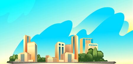City buildings, panoramic landscape megalopolis on the edge of the canal, bright sunny day vector horizontal illustrationのイラスト素材