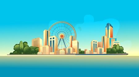 City buildings, panoramic landscape megalopolis on the edge of the canal, bright sunny day vector horizontal illustrationのイラスト素材