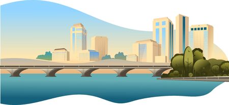 City buildings, panoramic landscape megalopolis on the edge of the canal, bright sunny day vector horizontal illustrationのイラスト素材