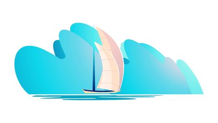 Bad weather at sea, huge abstract storm waves approaching a quiet harbor boat horizontal vector illustration isolated white backgroundのイラスト素材