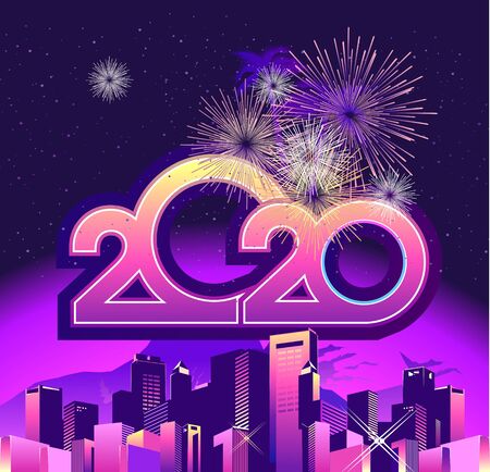 2020 calendar numbers, new year greeting card, festive night neon city, square shape, vector illustrationのイラスト素材