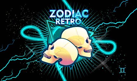 Gemini zodiac Astrological horoscope, in retro style on a black background with neon luminous elements, sacred gothic symbols of the constellations, vector horizontal illustrationのイラスト素材