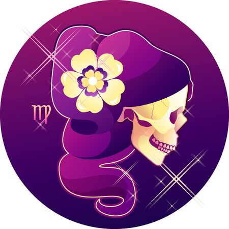 virgo zodiac astrological sign in round shape isolated on white background, in the Gothic style, horoscope with skulls, alchemy and occultism, vector illustrationのイラスト素材