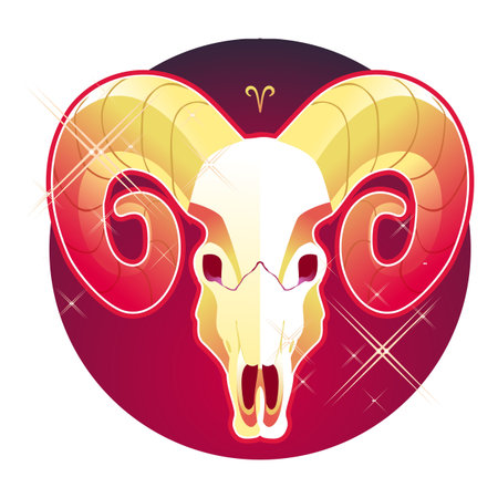 Aries zodiac astrological sign in round shape isolated on white background, in the Gothic style, horoscope with skulls, alchemy and occultism, vector illustrationのイラスト素材