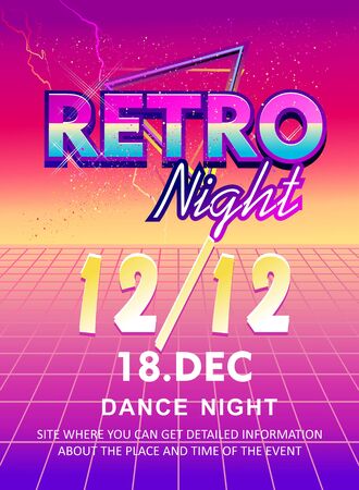 Synthwave retrowave, retro 80s, vertical poster, ad or invitation to a theme party with neon colors, vector illustrationのイラスト素材