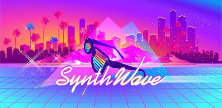 Synthwave retro wave, cyber landscape with laser grid luminous rays. Horizontal web banner, vector illustration vaporwave retrowaveのイラスト素材