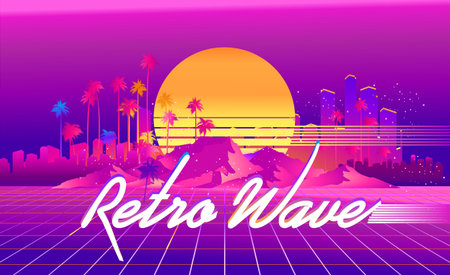 Synthwave retro wave, cyber landscape with laser grid luminous rays. Horizontal web banner, vector...