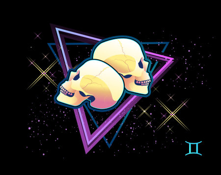 Gemini zodiac Astrological horoscope, in retro style on a black background with neon luminous elements, sacred gothic symbols of the constellations, vector horizontal illustrationのイラスト素材