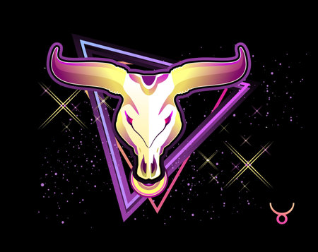 Taurus zodiac Astrological horoscope, in retro style on a black background with neon luminous...